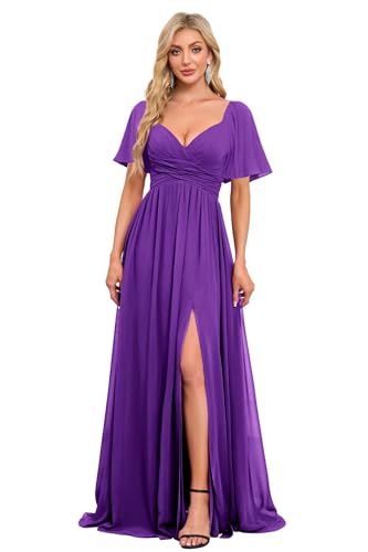 Image of Women's Flutter Sleeves Chiffon Bridesmaid Dresses with Slit Long A Line V-Neck Formal Party Dress with Pockets