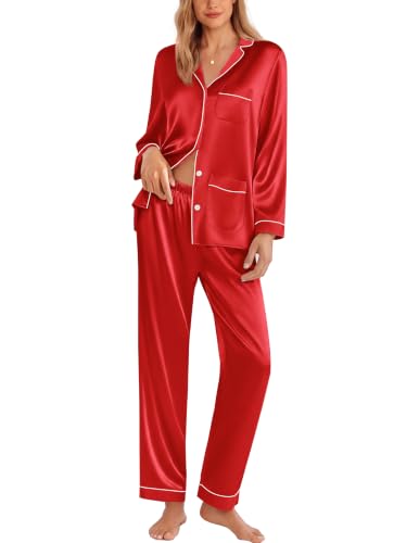 Image of Ekouaer Pajamas for Women Silk Satin Button Down Long Sleeve Pajama Sets