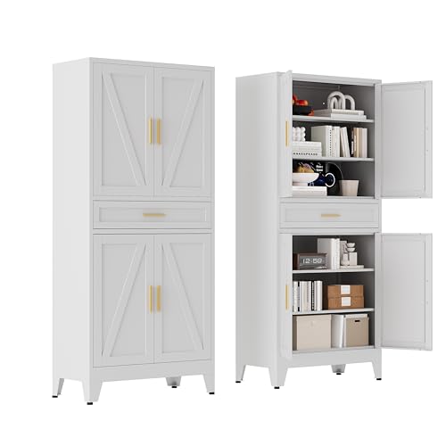 Image of Washsemba 71 "Farmhouse Metal Filing Cabinet with a Drawer and 4 Adjustable Shelves, with 4 Large barn Door White Kitchen Cabinets, Metal Food Cabinets for Home, Kitchen, Dining/Living Room (White)