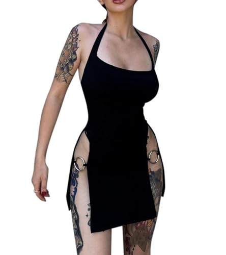 SIONUE Womens Sexy Halter Backless Slit Mini Party Club Dress, Ladies Sexy Party Dresses, Spaghetti Straps, Open Back, High Slits, Figure-Flattering...