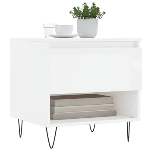 Table basse blanc brillant 50x46x50cm avec tiroir et compartiment