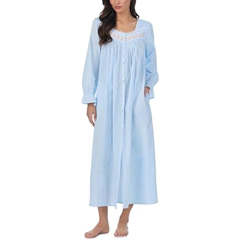 Eileen West Nightgowns for Women, Madison Cotton Long Sleeve Lightweight Button Down Night Shirt - Blue, Large Cover