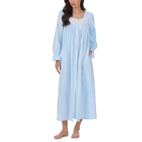 Eileen West Sleepwear & Loungewear - Dobby Stripe Collection - 100% Cotton Longsleeve Full-Length Robe Nightgowns for Women Breathable Lightweight Night Gown, Blue, M