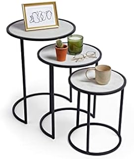 Beautify BTFY Nest of Tables - Marble Side Tables Set of 3, White & Black Round Multifunctional Accent Tables with Metal Frame, Living Room Coffee Tables