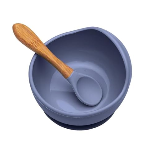 Image of Baby Food Bowl, Kids Round Cup and Spoon Set, Children Feeding Tableware Training Eating Bowl, Silicone Baby Supplies, Silicone Tableware Children's Products (Set : 1, Color : Dark Blue)