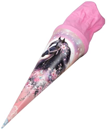 goldbuch 93 141 Geschwistertüte Luna, Schultüte mit Pferde-Motiv, Lackkarton, Geschenkverpackung mit rosanem Filzverschluss (ohne Verschlussband), Zuckertüte rund, Länge 35 cm, Ø 11,5 cm, Rosa
