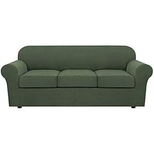 H.VERSAILTEX 4 Piece Stretch Sofa Covers for 3 Cushion Couch Covers for Living Room Furniture Slipcovers (Base Cover Plus 3 Seat Cushion Covers) Upgraded Thicker Jacquard Fabric (Sofa, Bronze Green)