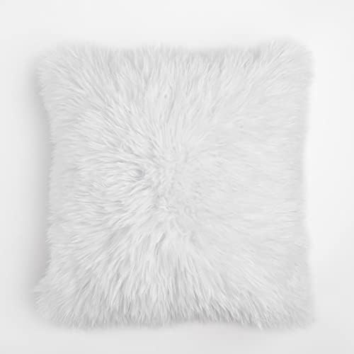 Sienna Faux Mongolian Fur Set of 4 Pack Shaggy Cushion Covers 45 x 45 cm Textured Reversible Fleece Chair Sofa, 18" x 18" - White
