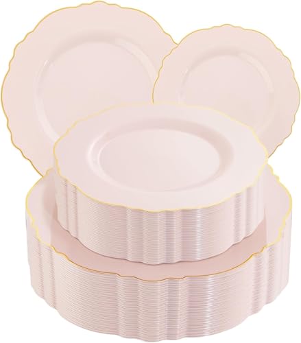 WDF 100pcs Pink Plastic Plates - High-end Baroque Design - Pink and Gold Plates - Including 50 Disposable Plate 10.25inch 50Salad Plate 7.5inch for Wedding/Baby Shower/Spring/Birthday