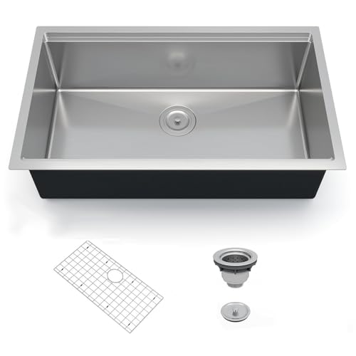 36 Inch Undermount Kitchen Sink Stainless Steel Single Bowl with Reveal Rim 2.0cm Thick Rim 1.0mm Wall Brushed Bottom Rack and Drain Assembly