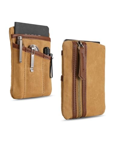 Sayram SP4 EDC Pouch, Waxed Canvas Compact EDC Pocket Organizer, Zippered Pocket Pouch for Men, Mini EDC Organizer for Change, Notebook, Tactical Pen, Flashlight (Oil Wax Brown)