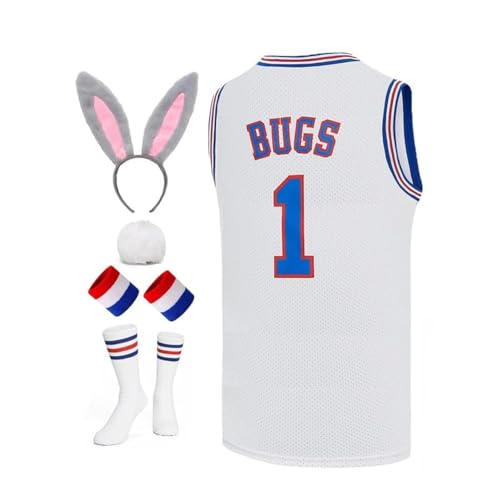 Pltoquk Mens Basketball Jersey Bugs #1 Space Movie Jersey Hip Hop Sports Shirt Halloween Party #1 White Medium