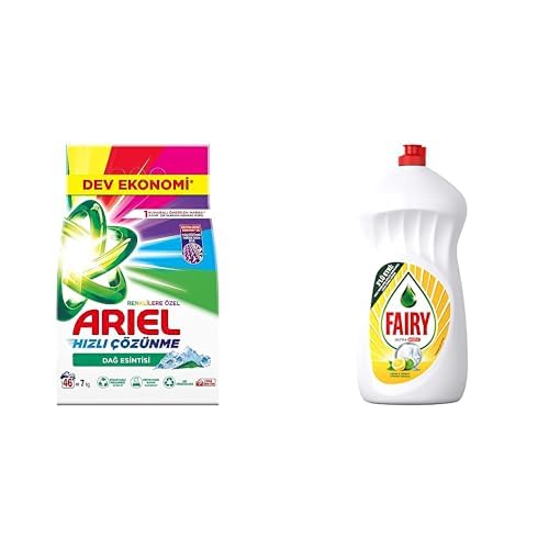 Ariel Aqua Pudra Dağ Esintisi Toz Çamaşır Deterjanı Renklilere Özel 7 kg & Fairy Ultra Hızlı Sıvı Bulaşık Deterjanı Limon ve Misket Limonu, 1500 ml
