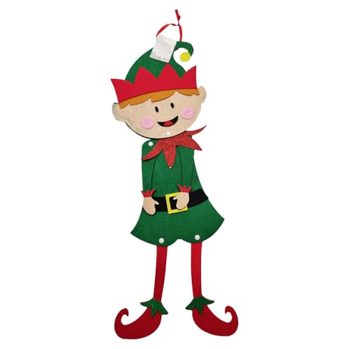 Decoración colgante de elfo navideño de fieltro de 58 cm con cabeza y extremidades móviles, adorno navideño con cinta para colgar