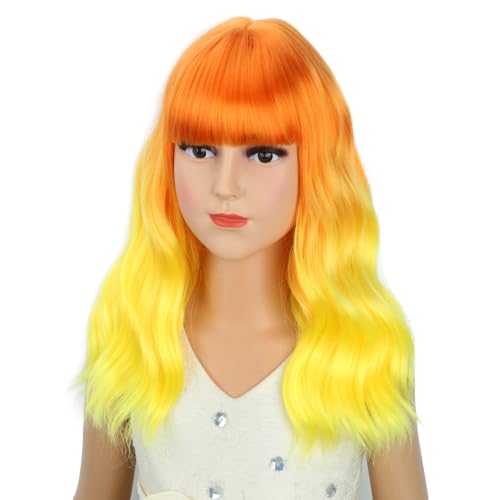 Image of PATTNIUM Grils Orange Ombre Wig with Bangs Kids Short Wavy Curly Wig Orange Bob Wigs Synthetic Halloween Costume Cosplay Party Wigs