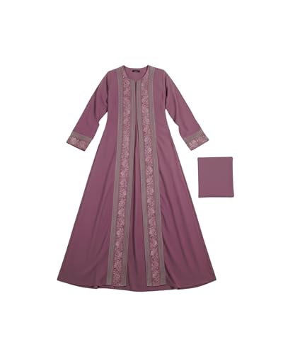 Image of Women's Elegant Embroidered Abaya - Modern Dusty Rose Kaftan Dress with Floral Lace Border - Modest Islamic Maxi Cardigan Robe for Eid, Weddings & Formal Occasions (Includes Matching Hijab)