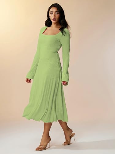 Image of Shasmi Women's Square Neck A-Line Dress - Long Sleeve, Tie Waist, Knitted Stretchable, Casual & Office Outfit, Solid Winter Midi Dress for Women (Dress 221)