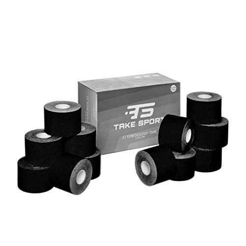 TS Take Sport® Kinesiology Tape 5 cm x 5 m – 12 rollos negro elástico, kinesiotape de algodón y elastano, cinta kinesiológica adhesiva, vendaje neuromuscular, ideal fisioterapia, crossfit, boxeo