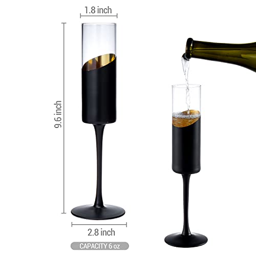 Mygift 6 Oz Modern Matte Black And Gold Plated Glass Round Stemmed Champagne Flutes - Toasting Drinking Glasses Cylindrical Drinkware, Set Of 4 #TOP4
