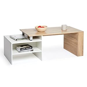 Meerveil – Table Basse – Table d’Appoint Extensible Ajustable Scandinaves pour Salon, 140x55x45 cm Blanc et Chêne
