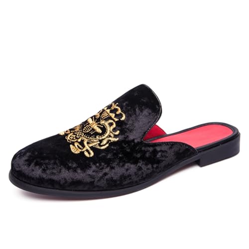 Mens Fashion Velvet Embroidery Slip-On Backless Mule Smoking Slippers Breathable Non-Slip Casual Dress Shoes Luxury Dress Wedding Party Prom Shoes