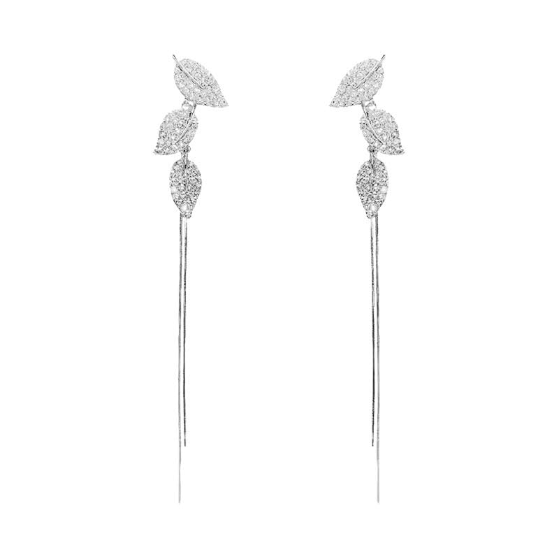 meenaz Silver Long Chain Earrings Set for Women | Stylish American Diamond Leaf Design CZ Stone Earrings | Elegant Jewellery for Woman & Girls | AD Dangler Earrings | Lightweight Fashion Gift 149-picture-11