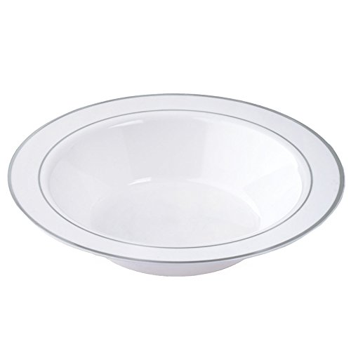 BalsaCircle 30 pcs 12 oz White with Silver Trim Plastic Round Bowls - Disposable Wedding Party Catering Tableware