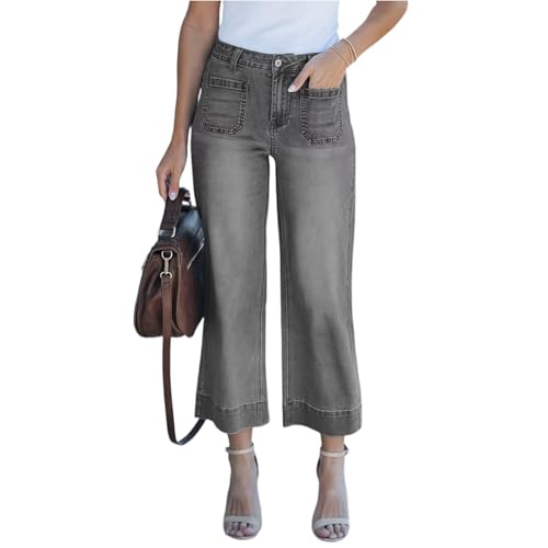 Wide Leg Cropped Jeans for Women Baggy High Waisted Boyfriend Jeans Trendy Stretchy Mom Jean with Front Pockets