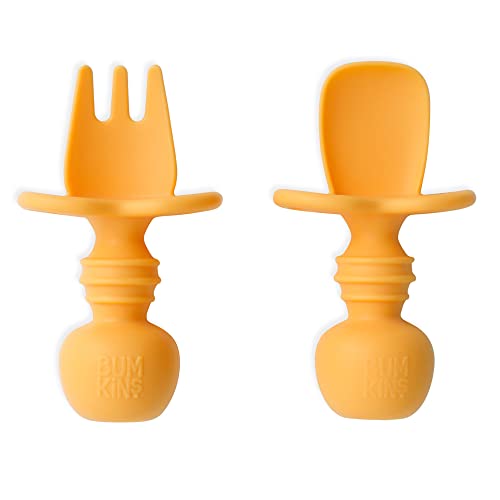 Image of Bumkins Baby Utensils Set, Chewtensils Silicone Spoons for Dipping, Self-Feeding, Baby Led Weaning, Trainer Learning, First Stage Eating, Soft Practice Fork and Spoon, Babies 6 Months, Tangerine
