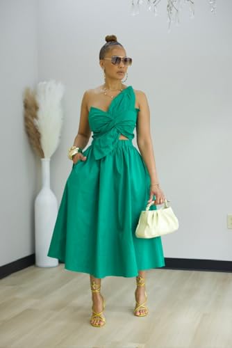 Image of YUEWOO Midi Dresses for Women Casual Summer Sundresses Vacation Outfits Spaghetti Strap Smocked Women Maxi Dress with Pockets