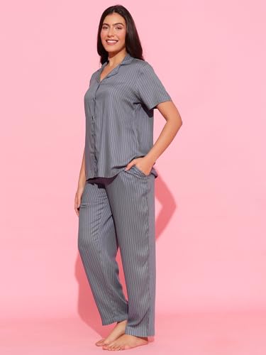 Image of Clovia Women's Rayon Printed Button-Down Shirt & Pyjama Set