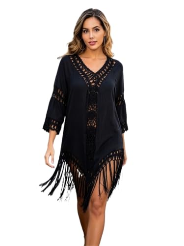 Vestido de playa boho con ganchillo y borlas pareo de mujer manga corta tres cuartos túnica blanca