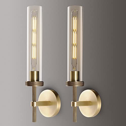 Joyunleo Gold Wall Sconces Set Of Two, 19" Knurling Gold Sconces Wall Lighting, Tube Glass Brass Bathroom Sconces Wall Lights For Bedroom Living Room Vanity Sconce Wall Lamp For Hallway, Staircase #TOP26