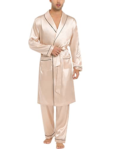 SWOMOG Men's Satin Robe Silky Kimono Bathrobe Set Lightweight Soft Loungewear Nightwear2