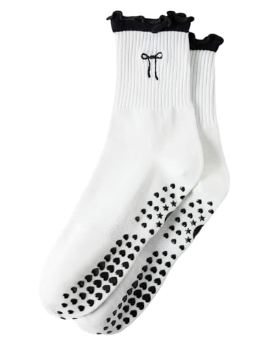 Image of Yawlsow Cute Pilates Grip Socks for Women Ruffle Frilly Yoga Socks Non Slip Cotton Crew Grippy Sock for Barre Workout