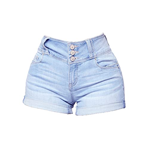 NXMRN Short en Jean en Tissu Extensible pour Femme Pantalon Court D'Été Confortable Short en Jean À Ourlet Effiloché Délavé pour Femme,Light Bleu M Cover