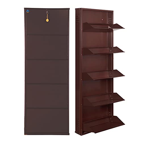 Image of DELITE KOM 20 Inch Wide, 5 Shelf Metal Shoe Rack Wall Mounted for Home with Central Lock | Holds Upto 12 Shoes or 20 Slippers Pair | 1 Year Warranty | (67 x 20 x 5 Inch, Coffee) | DIY | Space Saving