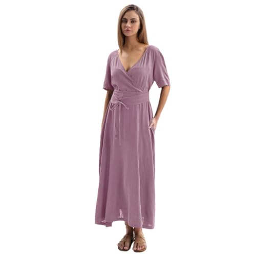 Amazhiyu Womens Linen Short Sleeve V Neck Wrap Maxi Dress Belt Tie with Pockets