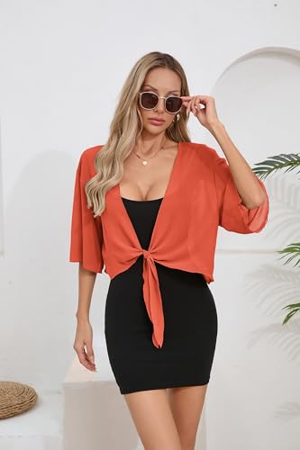 Image of TASAMO Women's 2026 Summer Lightweight Short Bolero Cardigan Shrug Sheer Tie Front Top 3 /4 Sleeve Jacket for Dress
