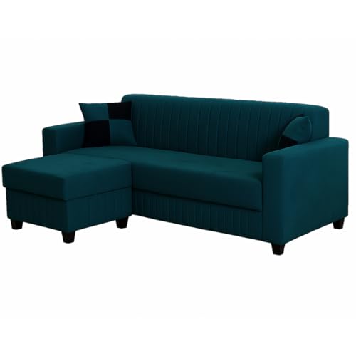 Image of Furny Grace 3 Seater Fabric Sofa Set with Ottoman (Greenish Teal) | Soft Velvet Fabric | Modern Design | Comfortable Seating | Living Room Furniture