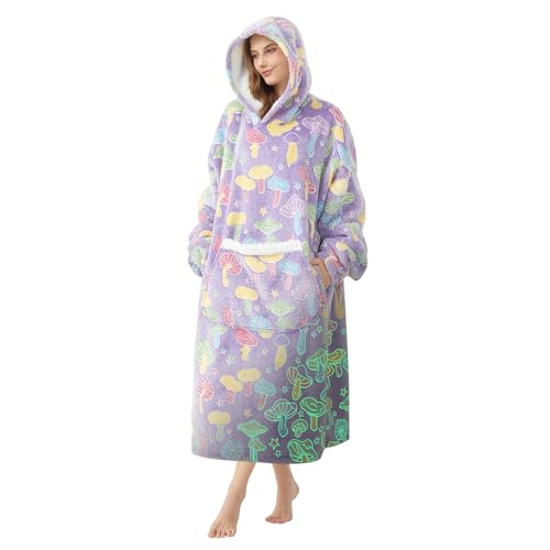 Mewkou Wearable Blanket Hoodie for Women Men,Super Warm and Cozy Giant Blanket Hoodie,Oversized Sherpa Flannel Sweatshirt Hooded Blanket with Sleeves and Giant Pocket-Mushroom