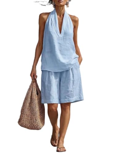 Ensemble en lin femme haut et short col en V tenue d'été décontractée