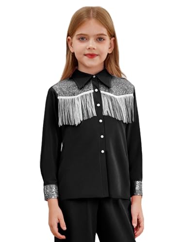 renvena Girls Western Cowgirl Fringe Shirt Long Sleeve Sequin Tassel Shirt Retro Casual Blouse Top3