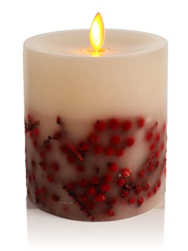 Image of Luminara Embedded Flameless LED Candle - Red Berry 3.5 inch x 4.5 inch - Moving Flame Pillar Battery Operated Timer, Real Wax Unscented, Safe