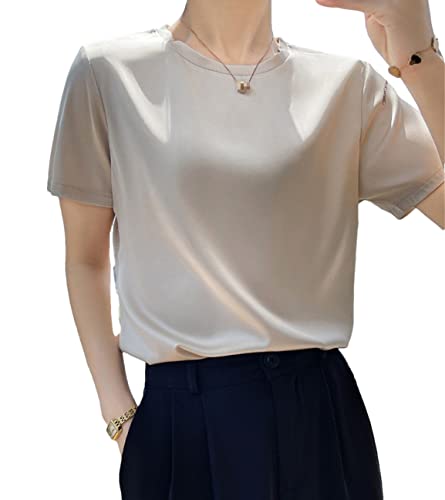 FULBHPRINT Zomer Vrouw O Hals Korte Mouwen Tees Satijn Blauw Champagne Effen Kleur Losse T Shirt Zijde Tops