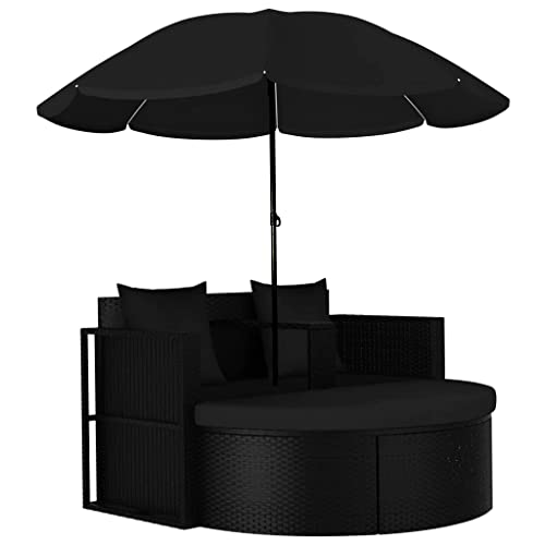 vidaXL Lit de Jardin avec Parasol Chaise Longue de Jardin Bain de Soleil Patio Terrasse Extérieur Protection Contre Les UV Résine Tressée Noir