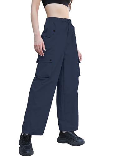 Image of Betusline Girls & Women's High Waist Wide Leg Cargo Pants Y2K Parachute Pants with Pockets and Drawstring 6 Years-Women 2XL
