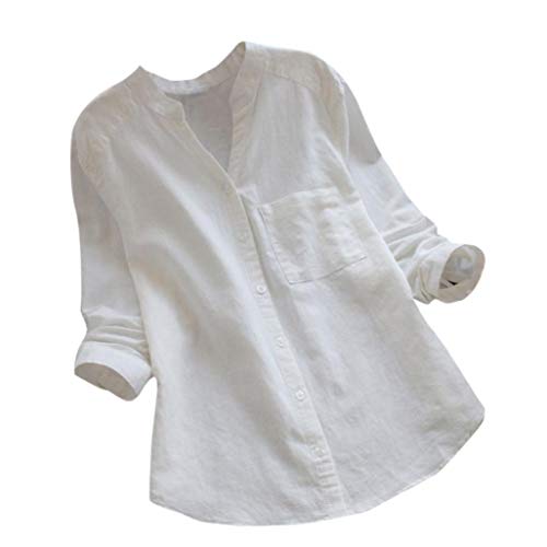 Rambling Women Cotton Linen Casual Loose Button-Down Shirt Solid Long Sleeve Basic Blouse Henley Tops White