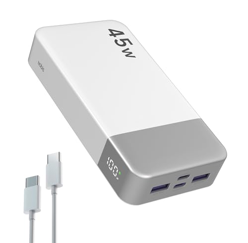 NOBIS Power Bank, Powerbank 20000mAh, 45W Externe Handyakkus Schnellladen, Externer Akku mit C zu C Kabel, Tragbares Ladegerät mit Digitalanzeige für Phone Android Laptop etc (White)