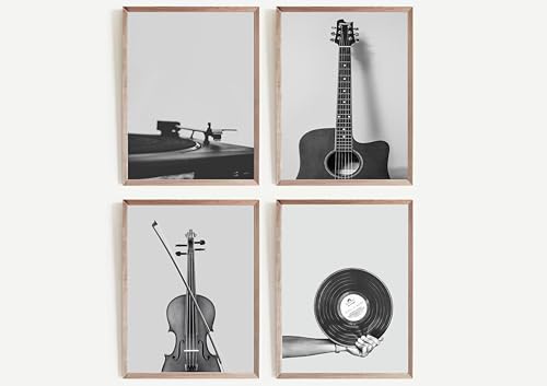4 piezas de arte de pared de música en blanco y negro, grabador de guitarra clásico, pintura de...
